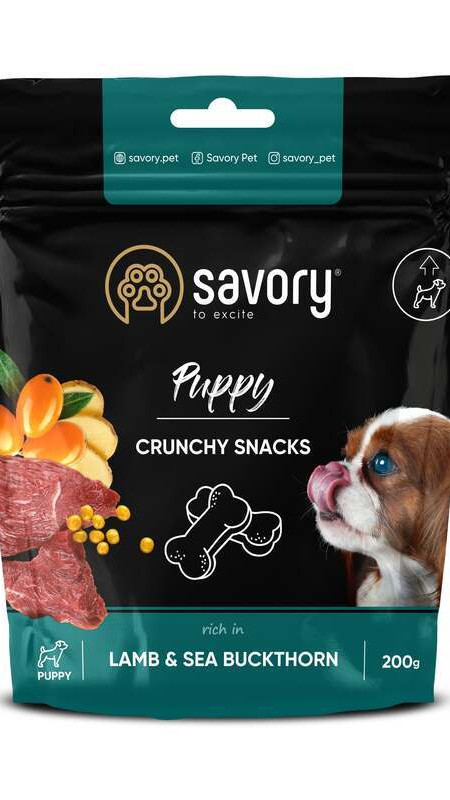 Ласощі хрумкі Savory для здорового росту цуценят, ягня і обліпиха 200г