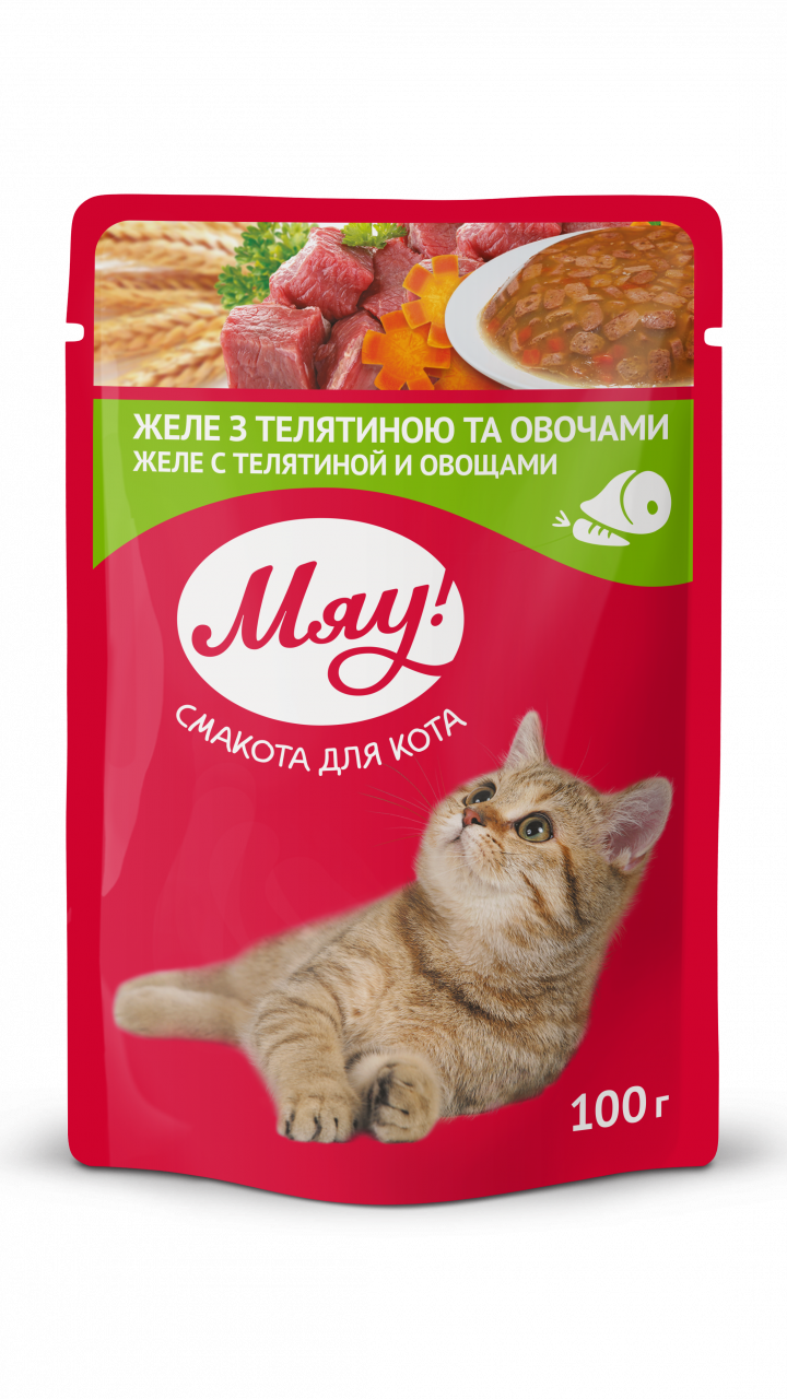 Мяу Вологий корм для котів зТелятиною та овочами в желе 0,1кг